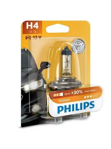 Лампа автомобильная галогеновая H4 PHILIPS Vision +30% яркость 12V 60/55W P43t-38 (блистер) 12342PRB