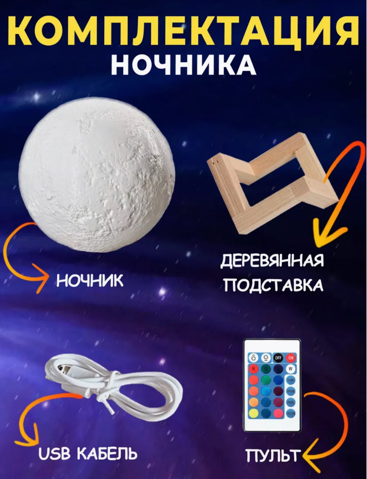 Светильник-ночник 3D шар Луна , на деревянной подставке с пультом управления, 15 см