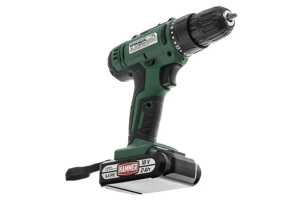 Аккумуляторная дрель-шуруповерт Hammer Flex 18 В, 2x2 Ач, 10 мм, 0-350/0-1350 об/мин, 45 Нм, в кейсе