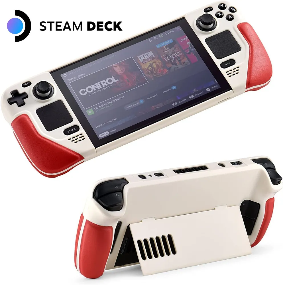 Чехол Steam Deck/OLED со встроенной подставкой и кожаными вставками, слоновая кость с красным