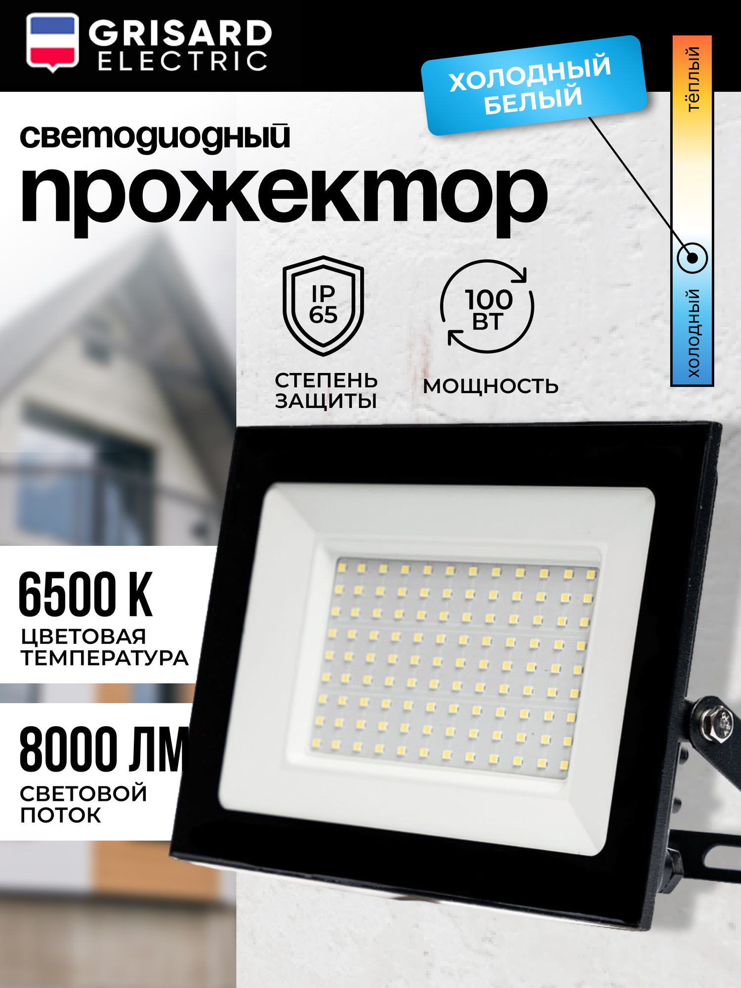 Grisard Electric Прожектор уличный светодиодный СДО 100 черный IP65 6500 K