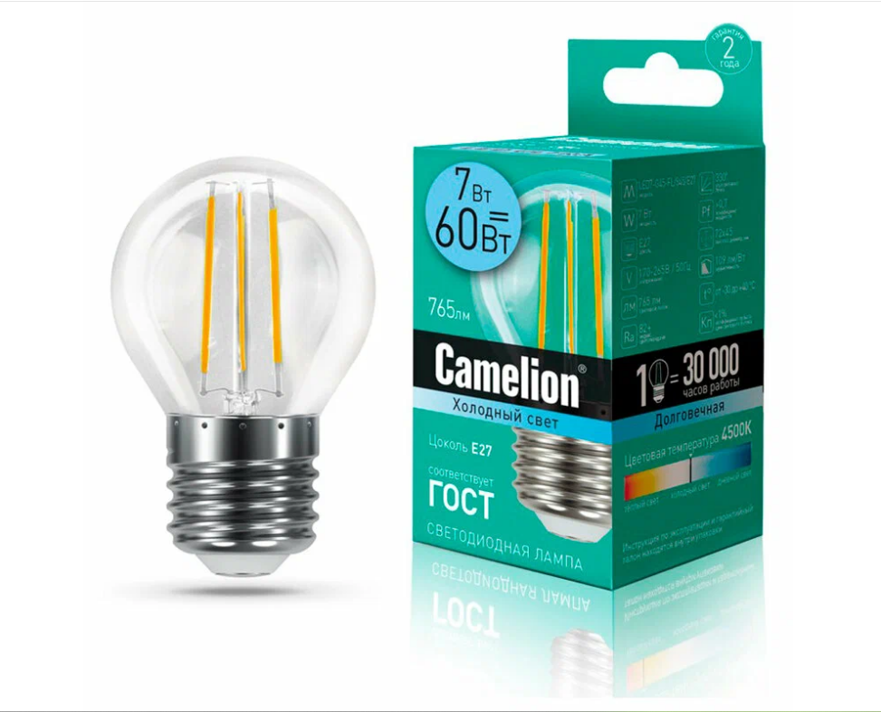 Лампа CAMELION Е27 7Вт 4500K 765Лм LED7-G45-FL/845/E27