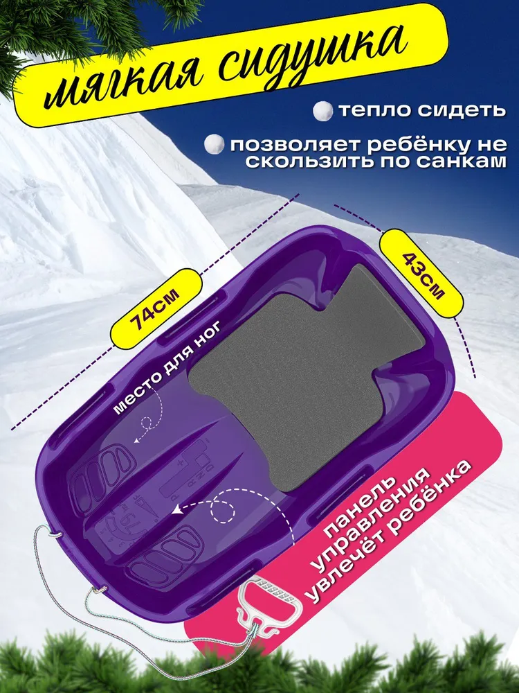 Санки детские с мягкой сидушкой и ручкой Альт-Пласт Комета 74*43*15см фиолетовые